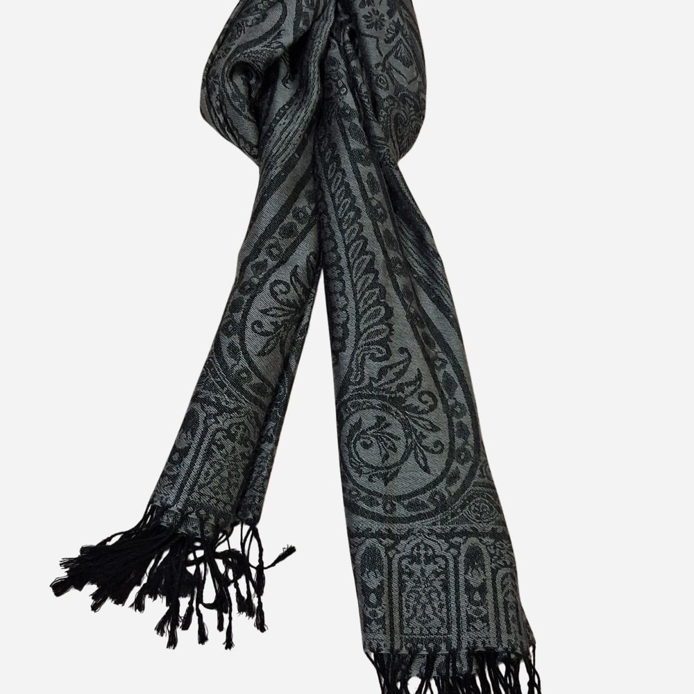 Grey And Black Bohemian Scarf With Fringe